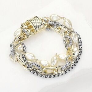 14KGP Two Tone Chunky Chain Pearl Layered Magnetic Bracelet